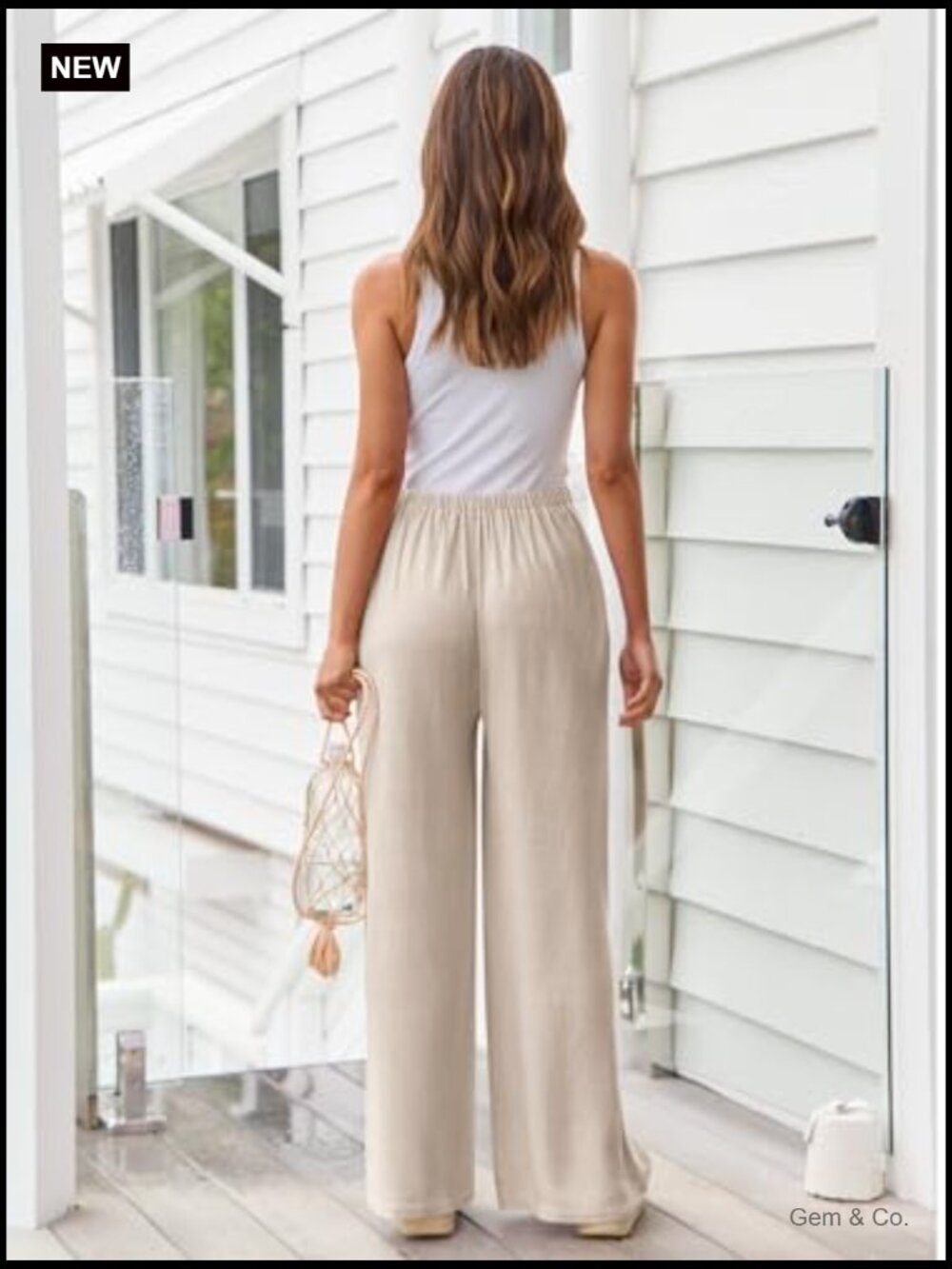 Women's Linen Palazzo Pants Flowy Wide Leg Summer Pants with Pockets - Picture 4 of 6